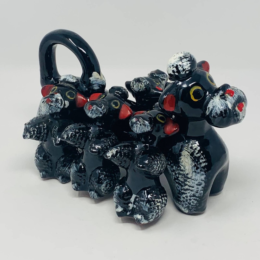 VTG Oodles Of Poodles MCM Redware Spice Set - 4 Shakers - Made In Japan 1950's